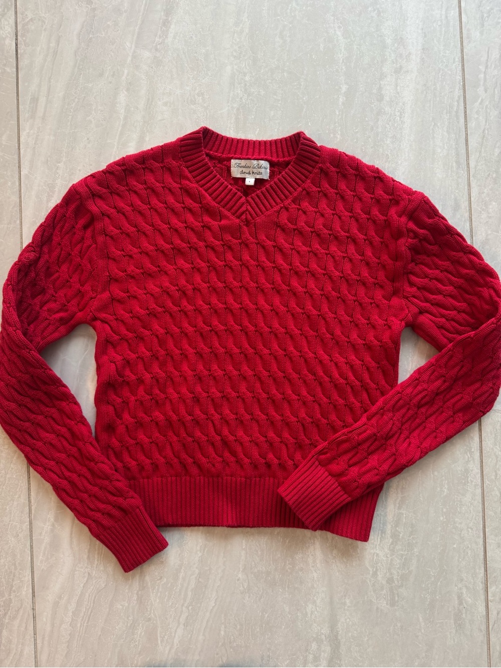 Frankie’s Bikinis Red Cable-Knit V-Neck Sweater